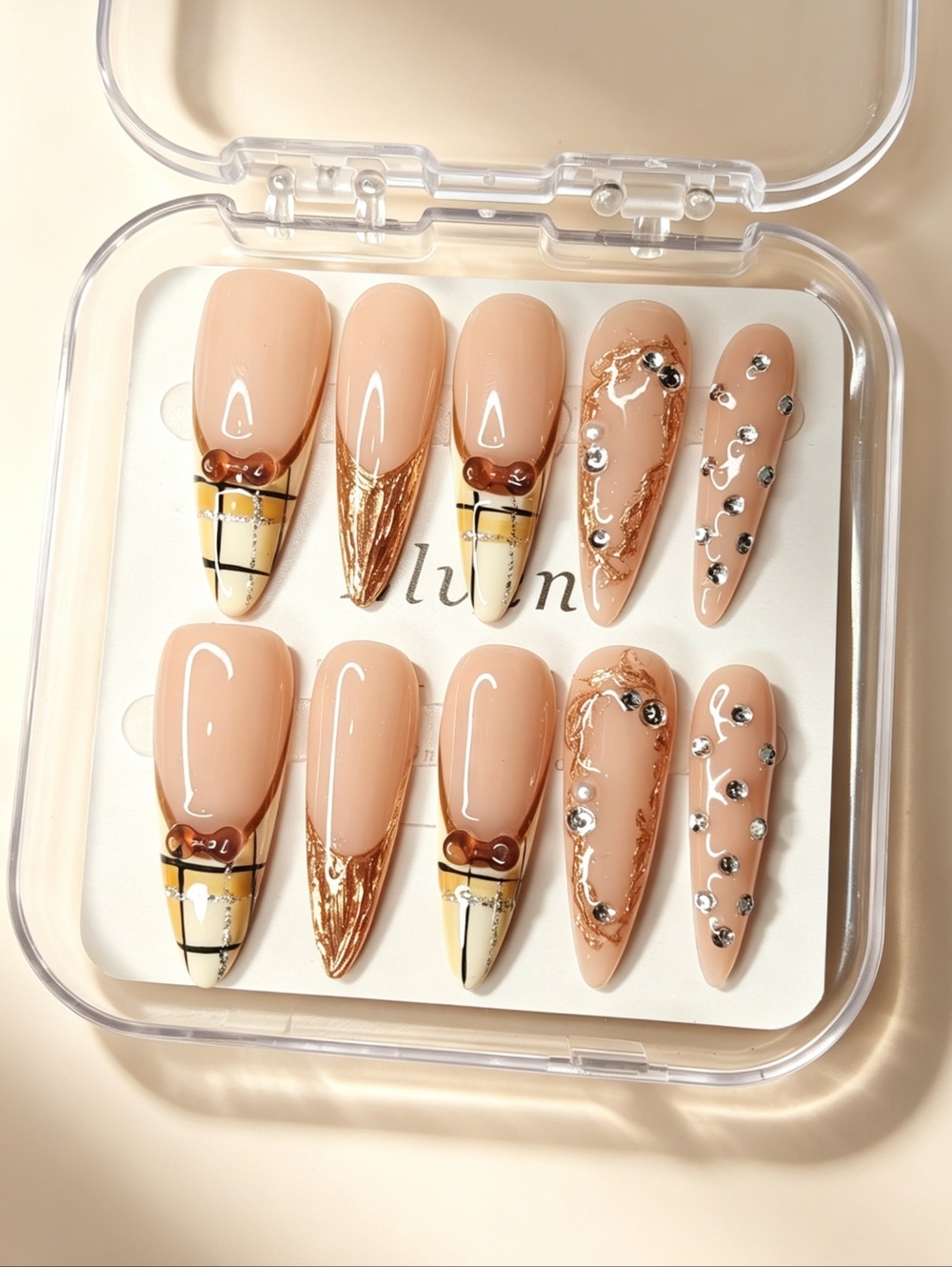 Nude Handmade Press On Nails with French Tips And Rhinestone Ribbon Stiletto